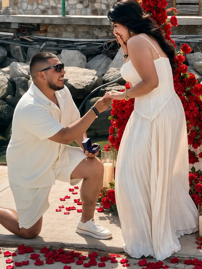 Man on one knee holding a ring box in front of a red rose heart setup on the dock as she reacts