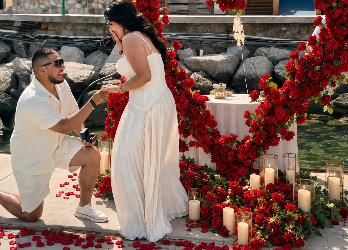 Man on one knee holding a ring box in front of a red rose heart setup on the dock, surrounded by candles and rose petals