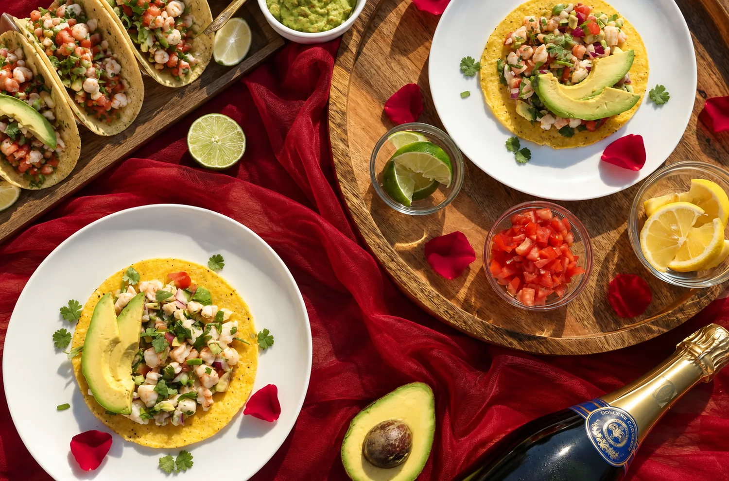 Ceviche tostadas and shrimp tacos with guacamole, fresh limes and a bottle of champagne, styled with rose petals on a red runner