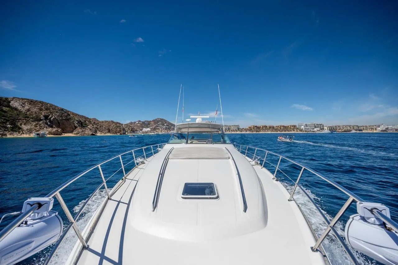 View from the bow of the yacht toward the Cabo San Lucas coastline